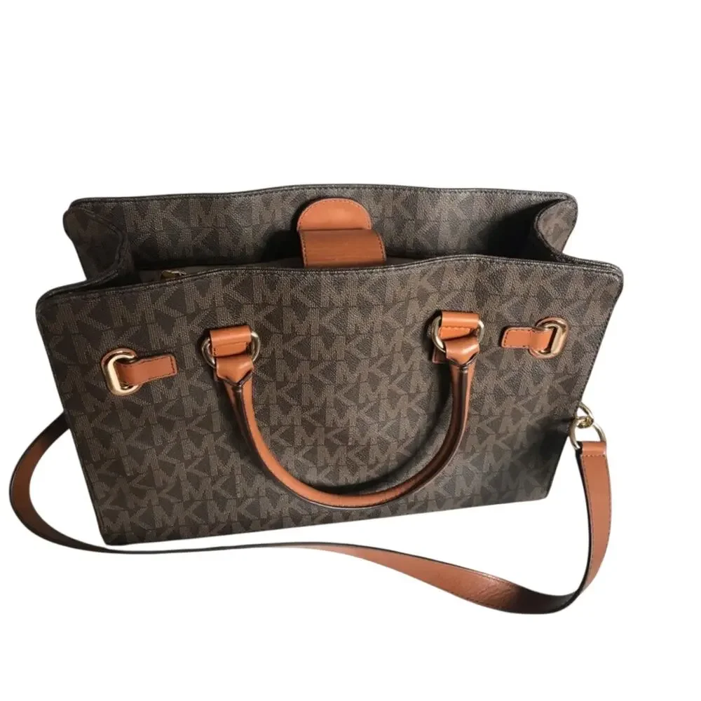 Michael Kors Hamilton Large Satchel Brown MK Signature Tote Crossbody EUC